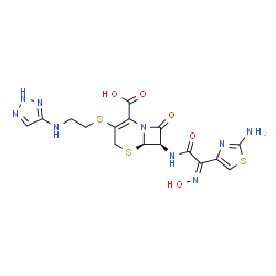 ChemSpider 2D Image | (6R,7R)-7-{[(2Z)-2-(2-Amino-1,3-thiazol-4-yl)-2-(hydroxyimino)acetyl]amino}-8-oxo-3-{[2-(2H-1,2,3-triazol-4-ylamino)ethyl]sulfanyl}-5-thia-1-azabicyclo[4.2.0]oct-2-ene-2-carboxylic acid | C16H17N9O5S3