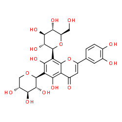 ChemSpider 2D Image | 2-(3,4-Dihydroxyphenyl)-5,7-dihydroxy-8-[(2S,3R,4R,5S,6R)-3,4,5-trihydroxy-6-(hydroxymethyl)tetrahydro-2H-pyran-2-yl]-6-[(2S,3R,4S,5R)-3,4,5-trihydroxytetrahydro-2H-pyran-2-yl]-4H-chromen-4-one (non-p
referred name) | C26H28O15
