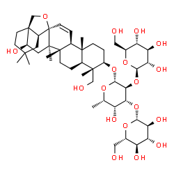 ChemSpider 2D Image | (3alpha,5beta,8alpha,9beta,10alpha,13alpha,14beta,16alpha,17alpha)-16,24-Dihydroxy-13,28-epoxyolean-11-en-3-yl beta-L-glucopyranosyl-(1->2)-[beta-L-glucopyranosyl-(1->3)]-6-deoxy-beta-L-galactopyranos
ide | C48H78O18