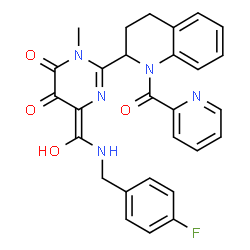 ChemSpider 2D Image | (6E)-6-{[(4-Fluorobenzyl)amino](hydroxy)methylene}-3-methyl-2-[1-(2-pyridinylcarbonyl)-1,2,3,4-tetrahydro-2-quinolinyl]-3,6-dihydro-4,5-pyrimidinedione | C28H24FN5O4