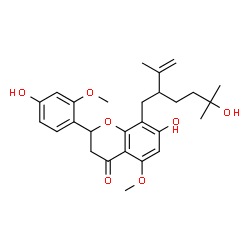 ChemSpider 2D Image | 7-Hydroxy-8-(5-hydroxy-2-isopropenyl-5-methylhexyl)-2-(4-hydroxy-2-methoxyphenyl)-5-methoxy-2,3-dihydro-4H-chromen-4-one | C27H34O7