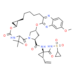 ChemSpider 2D Image | (1R,18R,20R,27S)-N-{(1R,2S)-1-[(Cyclopropylsulfonyl)carbamoyl]-2-vinylcyclopropyl}-7-methoxy-24-(2-methyl-2-propanyl)-22,25-dioxo-2,21-dioxa-4,11,23,26-tetraazapentacyclo[24.2.1.0~3,12~.0~5,10~.0~18,2
0~]nonacosa-3,5,7,9,11-pentaene-27-carboxamide | C38H50N6O9S