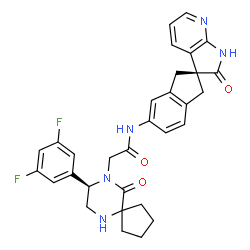 ChemSpider 2D Image | 2-[(8R)-8-(3,5-Difluorophenyl)-10-oxo-6,9-diazaspiro[4.5]dec-9-yl]-N-[(2S)-2'-oxo-1,1',2',3-tetrahydrospiro[indene-2,3'-pyrrolo[2,3-b]pyridin]-5-yl]acetamide | C31H29F2N5O3