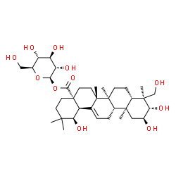 ChemSpider 2D Image | 1-O-[(2beta,3alpha,5beta,8alpha,9beta,10alpha,14beta,17alpha,18alpha,19beta)-2,3,19,24-Tetrahydroxy-28-oxoolean-12-en-28-yl]-beta-L-glucopyranose | C36H58O11