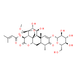 ChemSpider 2D Image | Methyl (4beta,5beta,7alpha,8alpha,9beta,10alpha,11alpha,12beta,14alpha,15alpha)-2-(beta-L-glucopyranosyloxy)-11,12-dihydroxy-15-[(3-methyl-2-butenoyl)oxy]-3,16-dioxo-13,20-epoxypicras-1-en-21-oate | C32H42O16