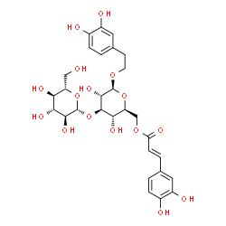 ChemSpider 2D Image | 2-(3,4-Dihydroxyphenyl)ethyl 6-O-[(2E)-3-(3,4-dihydroxyphenyl)-2-propenoyl]-3-O-beta-L-glucopyranosyl-beta-L-glucopyranoside | C29H36O16