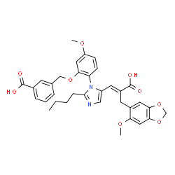 ChemSpider 2D Image | 3-[(2-{2-Butyl-5-[(1E)-2-carboxy-3-(6-methoxy-1,3-benzodioxol-5-yl)-1-propen-1-yl]-1H-imidazol-1-yl}-5-methoxyphenoxy)methyl]benzoic acid | C34H34N2O9