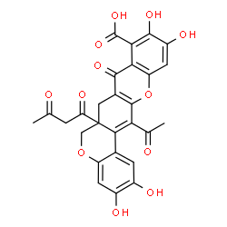 ChemSpider 2D Image | 6a-Acetoacetyl-14-acetyl-2,3,10,11-tetrahydroxy-8-oxo-6a,8-dihydro-6H,7H-chromeno[3,4-b]xanthene-9-carboxylic acid | C27H20O12