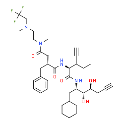 ChemSpider 2D Image | (2R)-2-Benzyl-N~1~-[(2S)-1-{[(2S,3R,4S)-1-cyclohexyl-3,4-dihydroxy-6-heptyn-2-yl]amino}-3-ethyl-1-oxo-4-pentyn-2-yl]-N~4~-methyl-N~4~-{2-[methyl(2,2,2-trifluoroethyl)amino]ethyl}succinamide | C37H53F3N4O5