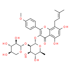ChemSpider 2D Image | 5,7-Dihydroxy-2-(4-methoxyphenyl)-8-(3-methyl-2-buten-1-yl)-4-oxo-4H-chromen-3-yl 6-deoxy-2-O-beta-D-xylopyranosyl-alpha-L-mannopyranoside | C32H38O14