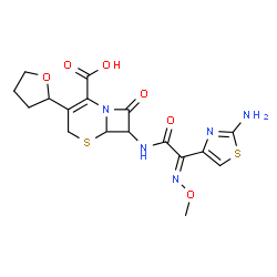 ChemSpider 2D Image | 7-{[(2E)-2-(2-Amino-1,3-thiazol-4-yl)-2-(methoxyimino)acetyl]amino}-8-oxo-3-(tetrahydro-2-furanyl)-5-thia-1-azabicyclo[4.2.0]oct-2-ene-2-carboxylic acid | C17H19N5O6S2