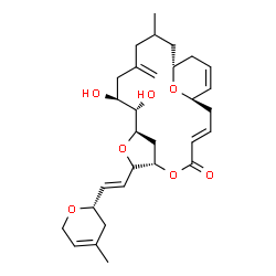 ChemSpider 2D Image | (1R,3E,7S,10R,11S,12S,18R)-11,12-Dihydroxy-16-methyl-8-{(E)-2-[(2S)-4-methyl-3,6-dihydro-2H-pyran-2-yl]vinyl}-14-methylene-6,9,22-trioxatricyclo[16.3.1.1~7,10~]tricosa-3,20-dien-5-one | C30H42O7