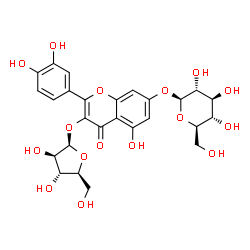 ChemSpider 2D Image | 3-(beta-L-Arabinofuranosyloxy)-2-(3,4-dihydroxyphenyl)-5-hydroxy-4-oxo-4H-chromen-7-yl beta-D-glucopyranoside | C26H28O16