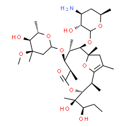 ChemSpider 2D Image | (2S,3R,6R,7S,8S,9R,10S)-9-{[(3R,4S,6R)-4-Amino-3-hydroxy-6-methyltetrahydro-2H-pyran-2-yl]oxy}-3-[(2R,3R)-2,3-dihydroxy-2-pentanyl]-7-{[(4R,5S,6S)-5-hydroxy-4-methoxy-4,6-dimethyltetrahydro-2H-pyran-2
-yl]oxy}-2,6,8,10,12-pentamethyl-4,13-dioxabicyclo[8.2.1]tridec-1(12)-en-5-one | C35H61NO12