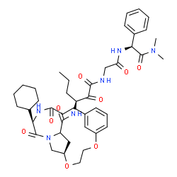 ChemSpider 2D Image | (6R,11S)-11-Cyclohexyl-N-{(3S)-1-[(2-{[(1S)-2-(dimethylamino)-2-oxo-1-phenylethyl]amino}-2-oxoethyl)amino]-1,2-dioxo-3-hexanyl}-10,13-dioxo-2,5-dioxa-9,12-diazatricyclo[14.3.1.1~6,9~]henicosa-1(20),16
,18-triene-8-carboxamide | C42H56N6O9