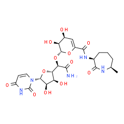 ChemSpider 2D Image | (2S,3S,4S)-2-{(1R)-2-Amino-1-[(2S,3S,4R,5R)-5-(2,4-dioxo-3,4-dihydro-1(2H)-pyrimidinyl)-3,4-dihydroxytetrahydro-2-furanyl]-2-oxoethoxy}-3,4-dihydroxy-N-[(3S,7R)-7-methyl-2-oxo-3-azepanyl]-3,4-dihydro-
2H-pyran-6-carboxamide | C23H31N5O12