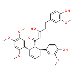 ChemSpider 2D Image | (2Z,4E)-3-Hydroxy-5-(4-hydroxy-3-methoxyphenyl)-1-[(1R,2S,6S)-6-(4-hydroxy-3-methoxyphenyl)-2-(2,4,5-trimethoxyphenyl)-3-cyclohexen-1-yl]-2,4-pentadien-1-one | C34H36O9