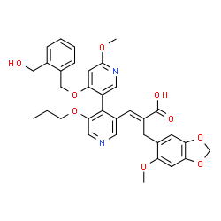 ChemSpider 2D Image | (2E)-3-(4-{[2-(Hydroxymethyl)benzyl]oxy}-6-methoxy-5'-propoxy-3,4'-bipyridin-3'-yl)-2-[(6-methoxy-1,3-benzodioxol-5-yl)methyl]acrylic acid | C34H34N2O9
