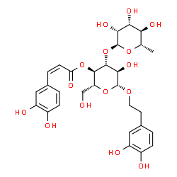 ChemSpider 2D Image | 2-(3,4-Dihydroxyphenyl)ethyl 3-O-(6-deoxy-alpha-L-mannopyranosyl)-4-O-[(2Z)-3-(3,4-dihydroxyphenyl)-2-propenoyl]-beta-D-glucopyranoside | C29H36O15