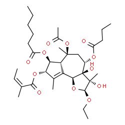 ChemSpider 2D Image | (2S,3S,3aR,4S,6S,6aR,7S,8S,9bS)-6-Acetoxy-4-(butyryloxy)-2-ethoxy-3,3a-dihydroxy-3,6,9-trimethyl-8-{[(2Z)-2-methyl-2-butenoyl]oxy}-2,3,3a,4,5,6,6a,7,8,9b-decahydroazuleno[4,5-b]furan-7-yl hexanoate | C34H52O12