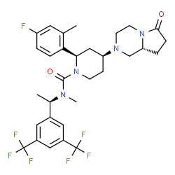 ChemSpider 2D Image | (2R,4S)-N-{(1R)-1-[3,5-Bis(trifluoromethyl)phenyl]ethyl}-2-(4-fluoro-2-methylphenyl)-N-methyl-4-[(8aR)-6-oxohexahydropyrrolo[1,2-a]pyrazin-2(1H)-yl]-1-piperidinecarboxamide | C31H35F7N4O2