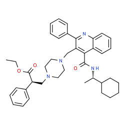 ChemSpider 2D Image | Ethyl (2R)-3-{4-[(4-{[(1S)-1-cyclohexylethyl]carbamoyl}-2-phenyl-3-quinolinyl)methyl]-1-piperazinyl}-2-phenylpropanoate | C40H48N4O3