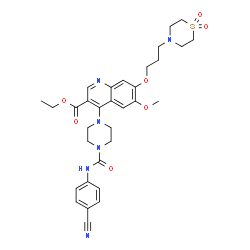 ChemSpider 2D Image | Ethyl 4-{4-[(4-cyanophenyl)carbamoyl]-1-piperazinyl}-7-[3-(1,1-dioxido-4-thiomorpholinyl)propoxy]-6-methoxy-3-quinolinecarboxylate | C32H38N6O7S