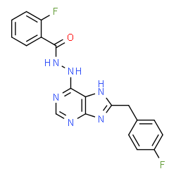ChemSpider 2D Image | 2-Fluoro-N'-[8-(4-fluorobenzyl)-7H-purin-6-yl]benzohydrazide | C19H14F2N6O
