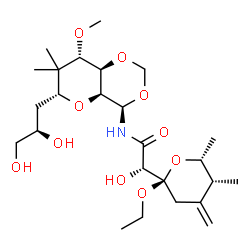 ChemSpider 2D Image | (2S)-N-{(4R,4aS,6R,8S,8aR)-6-[(2R)-2,3-Dihydroxypropyl]-8-methoxy-7,7-dimethylhexahydropyrano[3,2-d][1,3]dioxin-4-yl}-2-[(2R,5R,6R)-2-ethoxy-5,6-dimethyl-4-methylenetetrahydro-2H-pyran-2-yl]-2-hydroxy
acetamide | C25H43NO10
