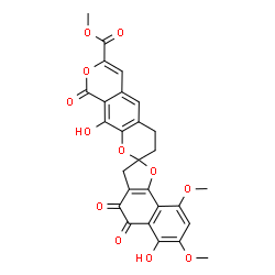 ChemSpider 2D Image | Methyl 6,10'-dihydroxy-7,9-dimethoxy-4,5,9'-trioxo-4,4',5,9'-tetrahydro-3H,3'H-spiro[naphtho[1,2-b]furan-2,2'-pyrano[4,3-g]chromene]-7'-carboxylate | C27H20O12