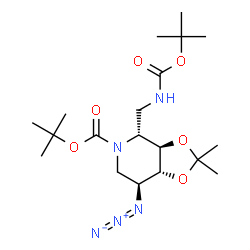 ChemSpider 2D Image | 2-Methyl-2-propanyl (3aR,4R,7S,7aR)-7-azido-2,2-dimethyl-4-[({[(2-methyl-2-propanyl)oxy]carbonyl}amino)methyl]tetrahydro[1,3]dioxolo[4,5-c]pyridine-5(4H)-carboxylate | C19H33N5O6