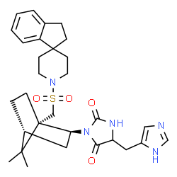 ChemSpider 2D Image | 3-{(1S,2S,4R)-1-[(2,3-dihydro-1'H-spiro[indene-1,4'-piperidin]-1'-ylsulfonyl)methyl]-7,7-dimethylbicyclo[2.2.1]hept-2-yl}-5-(1H-imidazol-4-ylmethyl)imidazolidine-2,4-dione | C30H39N5O4S