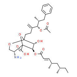 ChemSpider 2D Image | (4R,6R,7R)-1-[(4S,5R)-4-Acetoxy-5-methyl-3-methylene-6-phenylhexyl]-4-amino-6-{[(2E,4S,6S)-4,6-dimethyl-2-octenoyl]oxy}-7-hydroxy-2,8-dioxabicyclo[3.2.1]octane-5-carboxylic acid | C33H47NO9