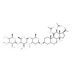 ChemSpider 2D Image | [(3S,8R,9S,10S,11S,12S,13S,14S,17S)-12-acetoxy-17-acetyl-3-[(2R,4S,5R,6R)-5-[(2S,4R,5R,6R)-5-[(2S,3R,4R,5R,6R)-3,5-dihydroxy-4-methoxy-6-methyl-tetrahydropyran-2-yl]oxy-4-methoxy-6-methyl-tetrahydropyran-2-yl]oxy-4-methoxy-6-methyl-tetrahydropyran-2-yl]oxy-14-hydroxy-10,13-dimethyl-1,2,3,4,5,6,7,8,9,11,12,15,16,17-tetradecahydrocyclopenta[a]phenanthren-11-yl] acetate | C46H74O17