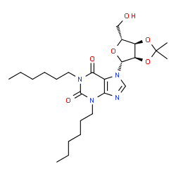 ChemSpider 2D Image | 1,3-Dihexyl-7-(2,3-O-isopropylidene-beta-D-ribofuranosyl)-3,7-dihydro-1H-purine-2,6-dione | C25H40N4O6