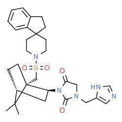 ChemSpider 2D Image | 3-{(1S,2S,4R)-1-[(2,3-dihydro-1'H-spiro[indene-1,4'-piperidin]-1'-ylsulfonyl)methyl]-7,7-dimethylbicyclo[2.2.1]hept-2-yl}-1-(1H-imidazol-4-ylmethyl)imidazolidine-2,4-dione | C30H39N5O4S