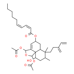 ChemSpider 2D Image | 1,3-Diacetoxy-10-hydroxy-7,8-dimethyl-7-(3-methylene-4-penten-1-yl)-3,5,6,6a,7,8,9,10-octahydronaphtho[1,8a-c]furan-5-yl (2Z,4Z)-2,4-decadienoate | C34H48O8