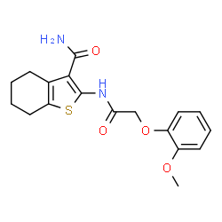 ChemSpider 2D Image | 2-[2-(2-methoxyphenoxy)acetamido]-4,5,6,7-tetrahydro-1-benzothiophene-3-carboxamide | C18H20N2O4S