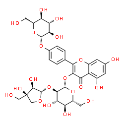 ChemSpider 2D Image | 2-[4-(beta-D-Glucopyranosyloxy)phenyl]-5,7-dihydroxy-4-oxo-4H-chromen-3-yl 2-O-[(2S,3R,4R)-3,4-dihydroxy-4-(hydroxymethyl)tetrahydro-2-furanyl]-beta-D-glucopyranoside | C32H38O20