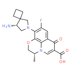 ChemSpider 2D Image | (3R)-10-[(8R)-8-Amino-6-azaspiro[3.4]oct-6-yl]-9-fluoro-3-methyl-7-oxo-2,3-dihydro-7H-[1,4]oxazino[2,3,4-ij]quinoline-6-carboxylic acid | C20H22FN3O4
