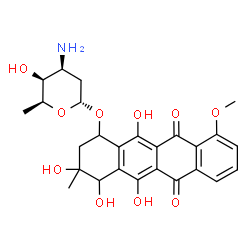 ChemSpider 2D Image | 3,4,5,12-Tetrahydroxy-10-methoxy-3-methyl-6,11-dioxo-1,2,3,4,6,11-hexahydro-1-tetracenyl 3-amino-2,3,6-trideoxy-alpha-L-lyxo-hexopyranoside | C26H29NO10