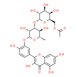 ChemSpider 2D Image | 2-Hydroxy-5-(3,5,7-trihydroxy-4-oxo-4H-chromen-2-yl)phenyl 3-O-(6-O-acetyl-alpha-D-galactopyranosyl)-6-deoxy-L-mannopyranoside | C29H32O17