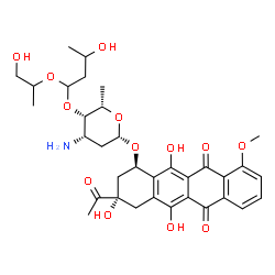 ChemSpider 2D Image | (1R,3S)-3-Acetyl-3,5,12-trihydroxy-10-methoxy-6,11-dioxo-1,2,3,4,6,11-hexahydro-1-tetracenyl 3-amino-2,3,6-trideoxy-4-O-{3-hydroxy-1-[(1-hydroxy-2-propanyl)oxy]butyl}-beta-L-lyxo-hexopyranoside | C34H43NO13