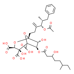 ChemSpider 2D Image | (1R,3S,4S,5S,6R,7R)-1-[(4S,5R)-4-Acetoxy-5-methyl-3-methylene-6-phenylhexyl]-4,7-dihydroxy-6-[(3-hydroxy-6-methyloctanoyl)oxy]-2,8-dioxabicyclo[3.2.1]octane-3,4,5-tricarboxylic acid (non-preferred nam
e) | C34H46O15
