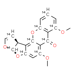 ChemSpider 2D Image | (3aR,12cS)-6,8-Dimethoxy(1,3a,4a,6,7,8,10,11a,12a-~14~C_9_)-3a,12c-dihydro-7H-furo[3',2':4,5]furo[2,3-c]xanthen-7-one | C1014C9H14O6