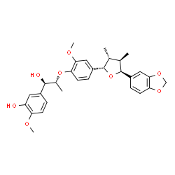 ChemSpider 2D Image | 5-[(1R,2R)-2-{4-[(2S,3R,4R,5S)-5-(1,3-Benzodioxol-5-yl)-3,4-dimethyltetrahydro-2-furanyl]-2-methoxyphenoxy}-1-hydroxypropyl]-2-methoxyphenol | C30H34O8