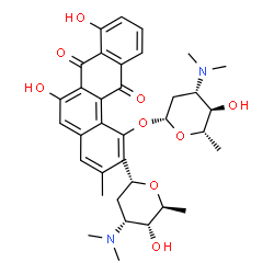 ChemSpider 2D Image | (6R)-2,6-Anhydro-1,4,5-trideoxy-6-(6,8-dihydroxy-3-methyl-7,12-dioxo-1-{[2,3,6-trideoxy-3-(dimethylamino)-beta-L-arabino-hexopyranosyl]oxy}-7,12-dihydro-2-tetraphenyl)-4-(dimethylamino)-D-ribo-hexitol | C35H42N2O9