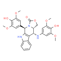 ChemSpider 2D Image | (5R,11R,11aS)-5-(4-Hydroxy-3,5-dimethoxyphenyl)-11-[(4-hydroxy-3,5-dimethoxyphenyl)amino]-5,6,11,11a-tetrahydro-1H-[1,3]oxazolo[3',4':1,6]pyrido[3,4-b]indol-3-one | C29H29N3O8