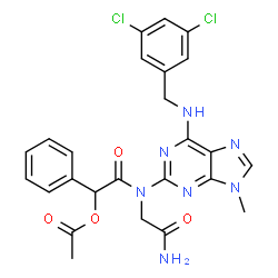 ChemSpider 2D Image | 2-[(2-Amino-2-oxoethyl){6-[(3,5-dichlorobenzyl)amino]-9-methyl-9H-purin-2-yl}amino]-2-oxo-1-phenylethyl acetate | C25H23Cl2N7O4