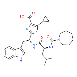 ChemSpider 2D Image | 2-[(1R)-1-{[N-(1-Azepanylcarbonyl)-L-leucyl]amino}-2-(1H-indol-3-yl)ethyl]-5-cyclopropyl-1,3-thiazole-4-carboxylic acid | C30H39N5O4S